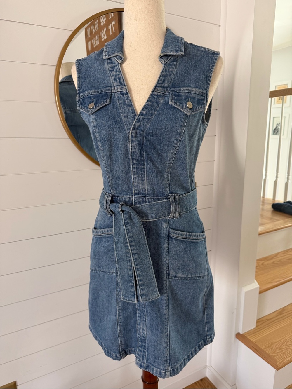 PAIGE Light Blue Denim Sleeveless Tie-Waist Mini Dress - Picture 3 of 15